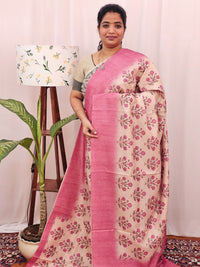 Green Silk with Digital Prints - Cream with Pink