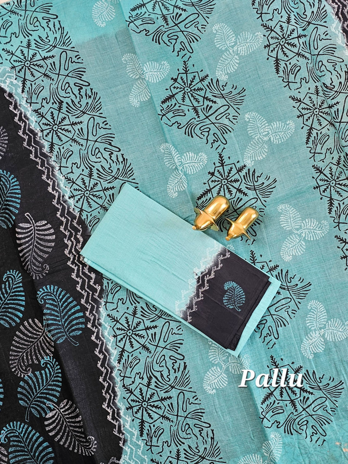 Pure Cotton with Hand Block Prints - Black with Blue
