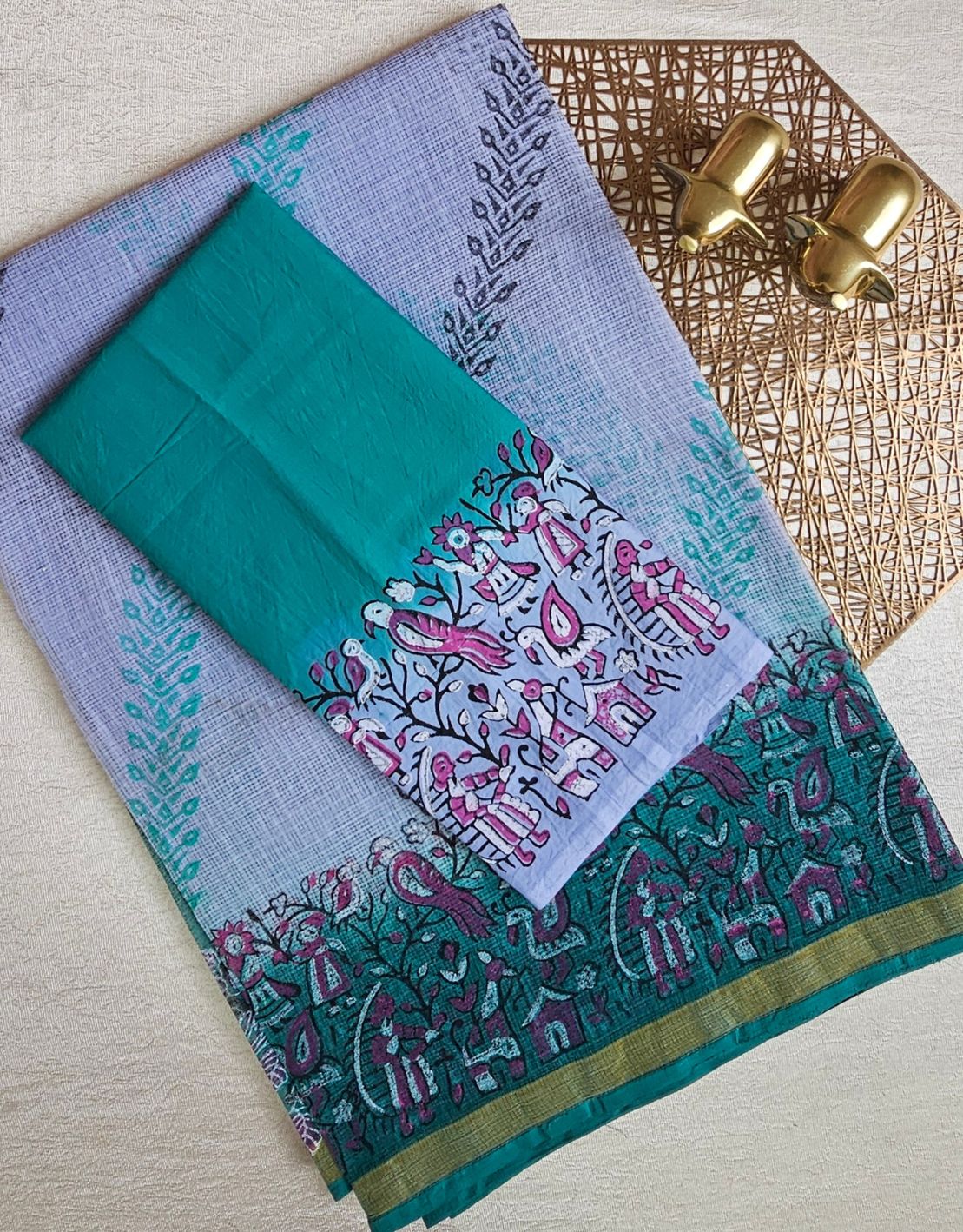 Premium Kota Cotton with Hand Block Prints - Grey with Sea Green