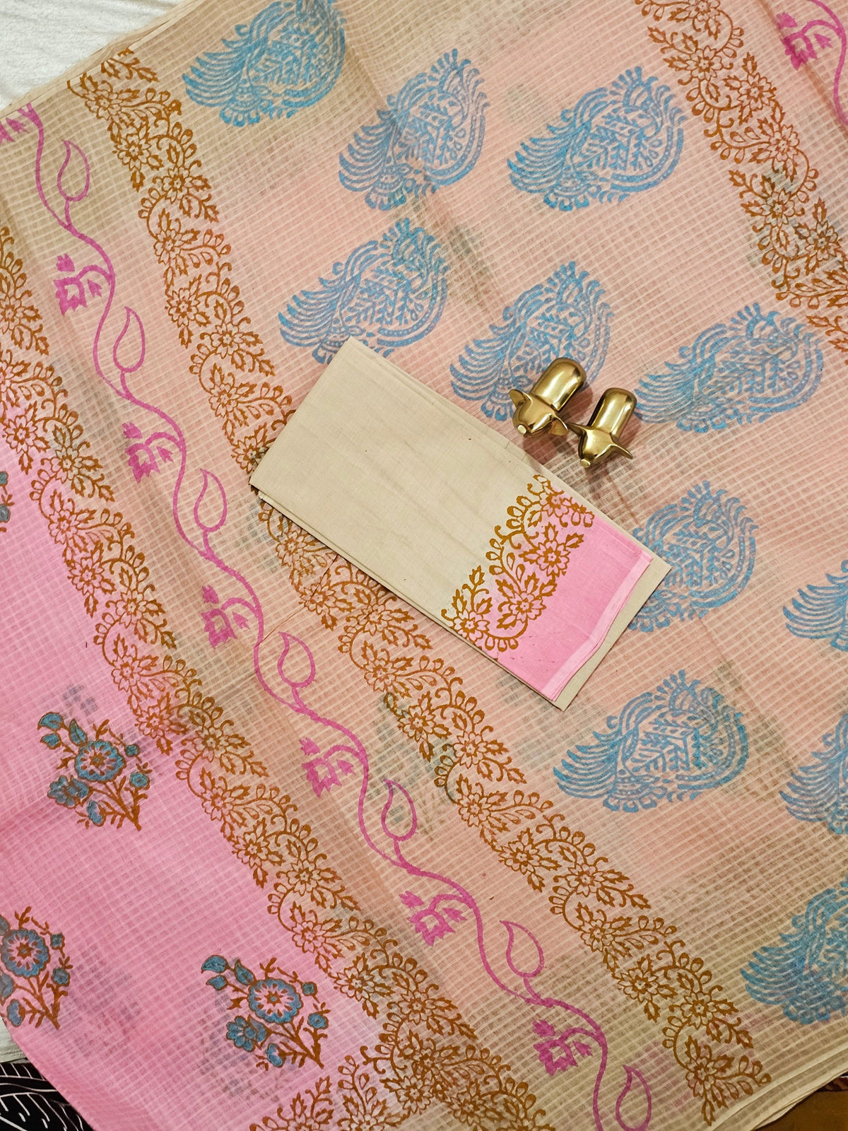 Pure Cotton with Checks Hand Block Prints - Pink with Beige