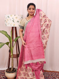 Green Silk with Digital Prints - Cream with Pink