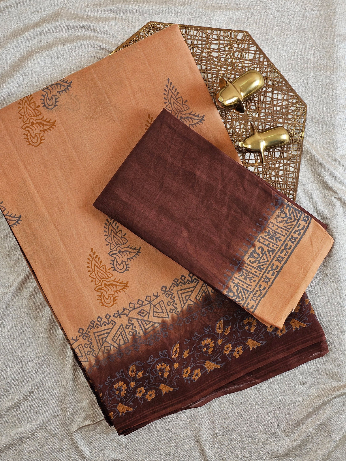 Pure Cotton with Hand Block Prints - Brown with Coffee Brown