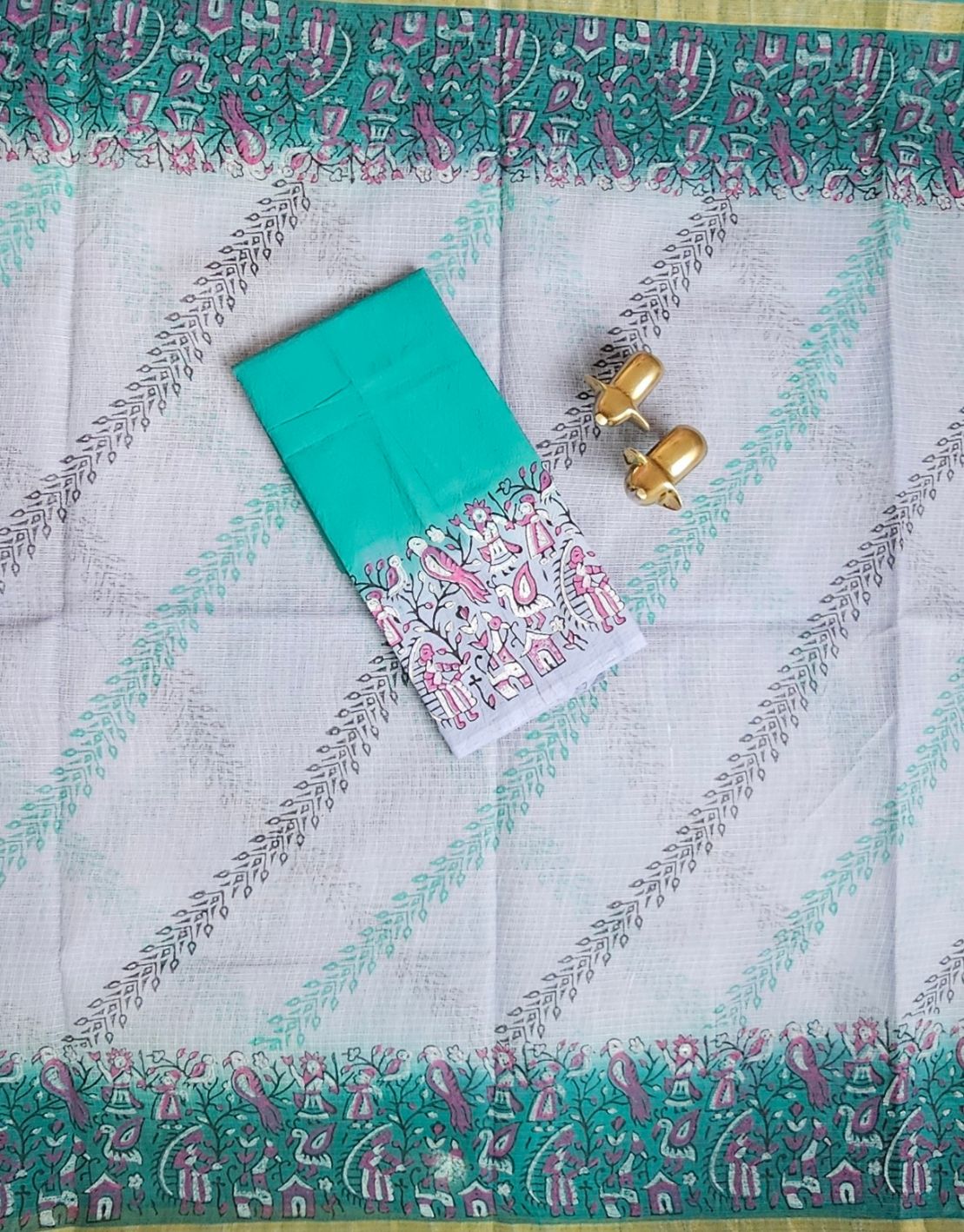 Premium Kota Cotton with Hand Block Prints - Grey with Sea Green