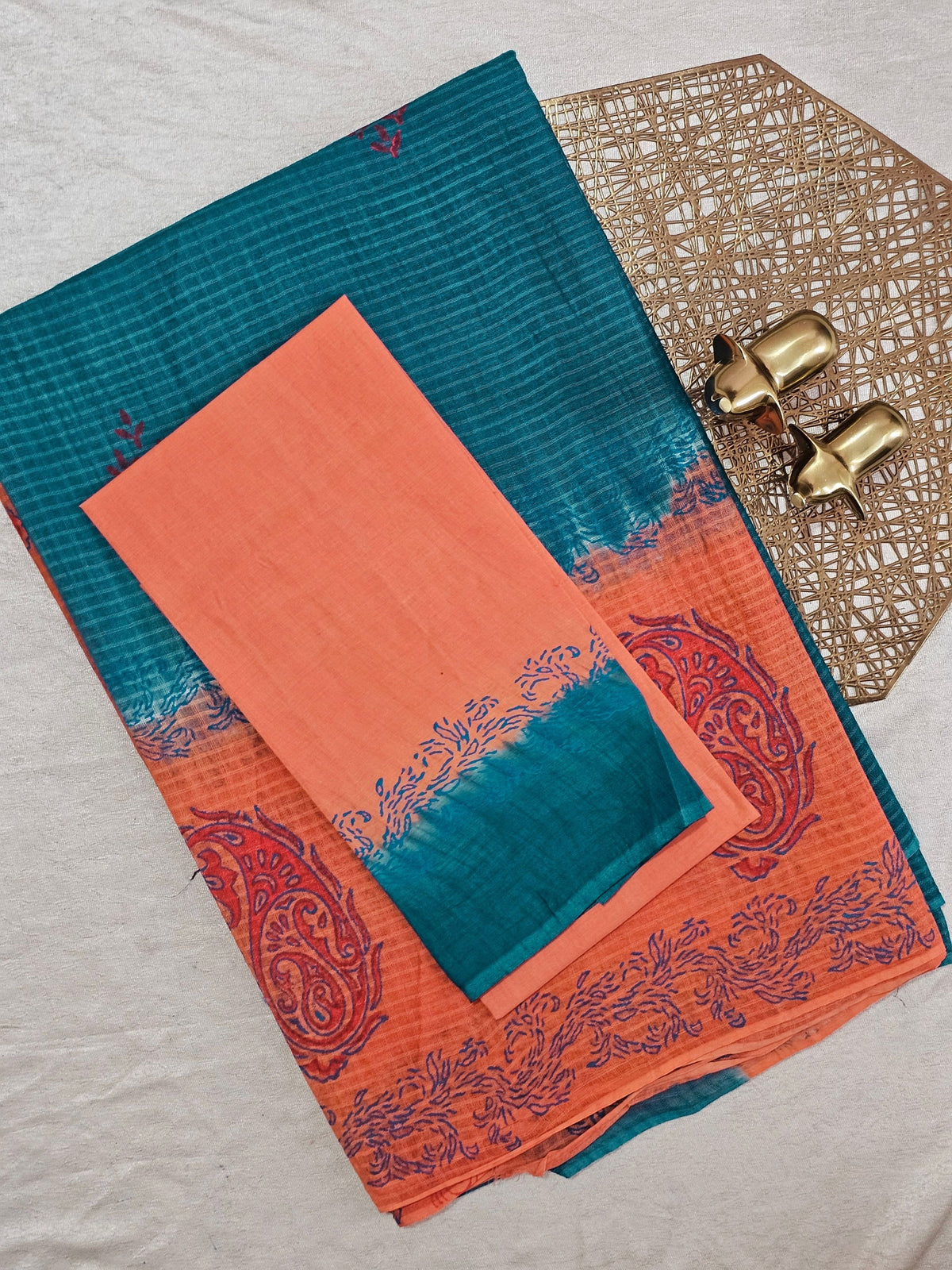 Pure Cotton with Checks Hand Block Prints - Peacock Blue with Orange
