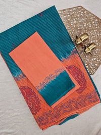 Pure Cotton with Checks Hand Block Prints - Peacock Blue with Orange