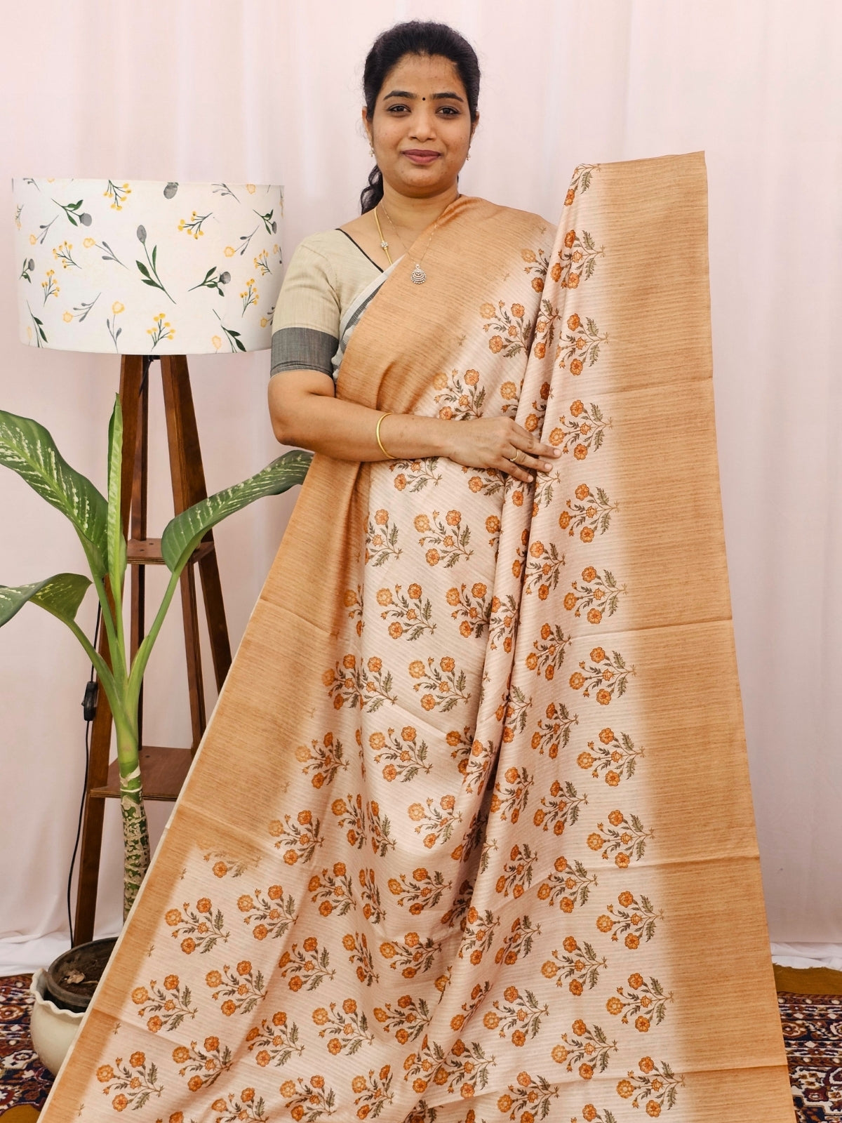 Green Silk with Digital Prints - Cream with Brown