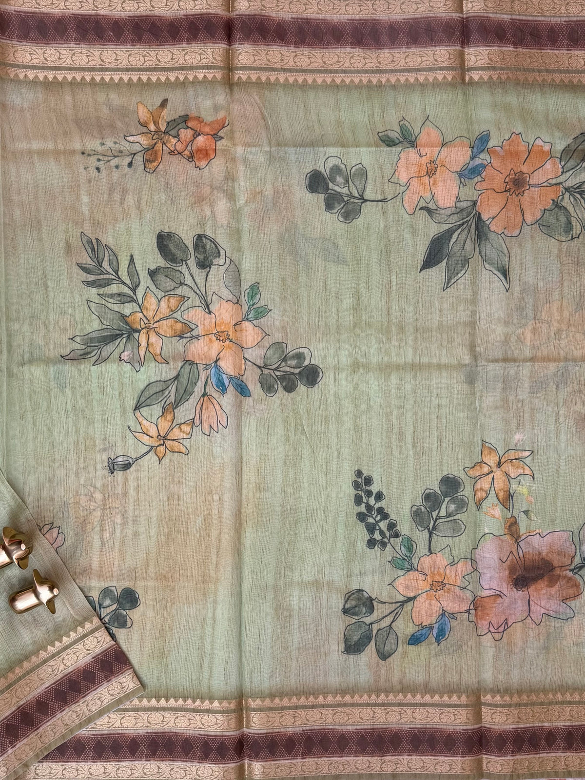 Unique Semi Tussar with Zari Border and Digital Prints - Green
