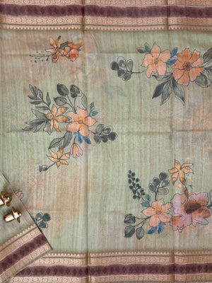 Unique Semi Tussar with Zari Border and Digital Prints - Green