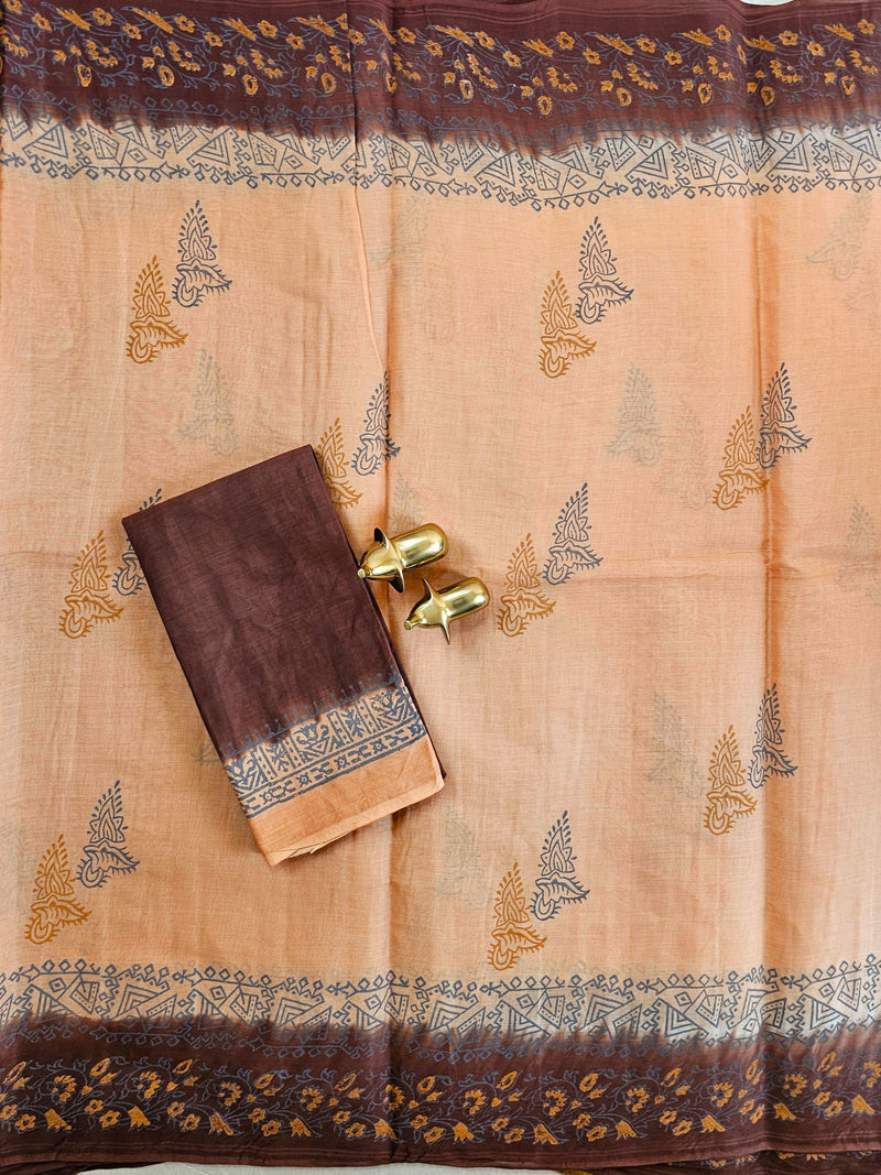 Pure Cotton with Hand Block Prints - Brown with Coffee Brown
