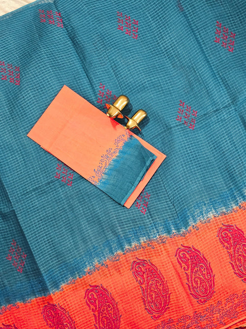 Pure Cotton with Checks Hand Block Prints - Peacock Blue with Orange