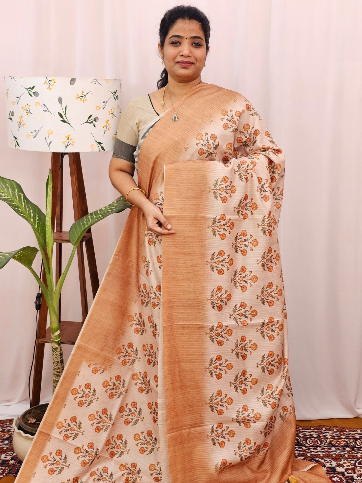 Green Silk with Digital Prints - Cream with Brown