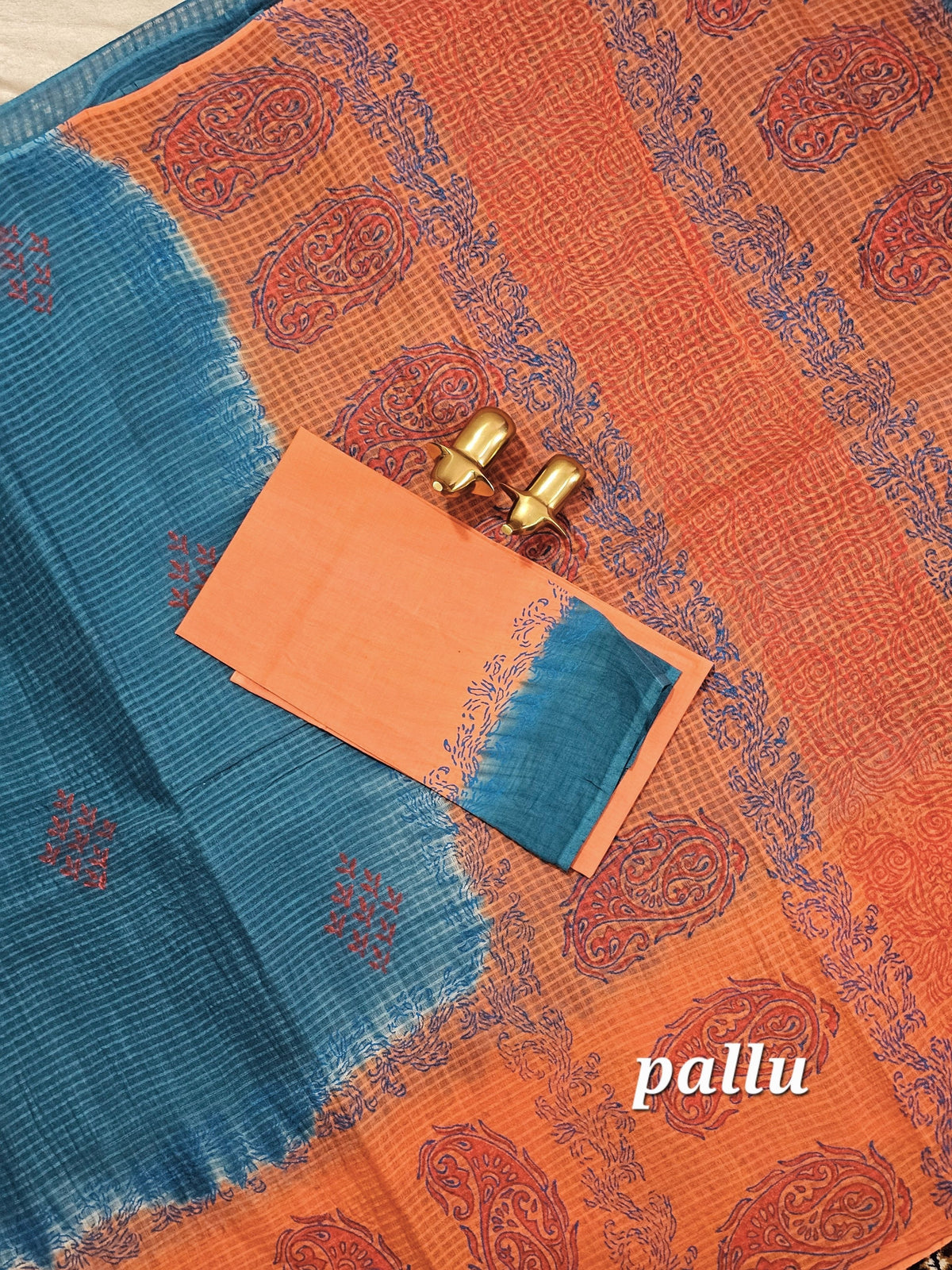 Pure Cotton with Checks Hand Block Prints - Peacock Blue with Orange