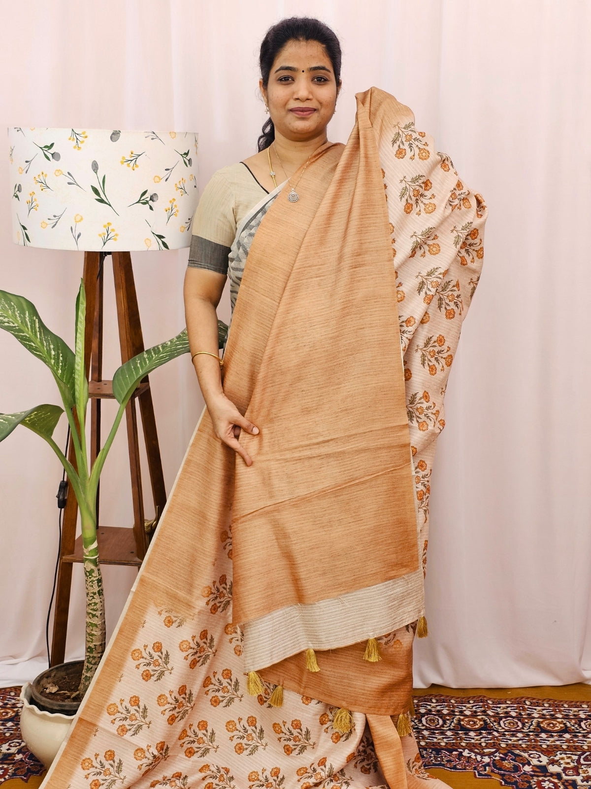 Green Silk with Digital Prints - Cream with Brown