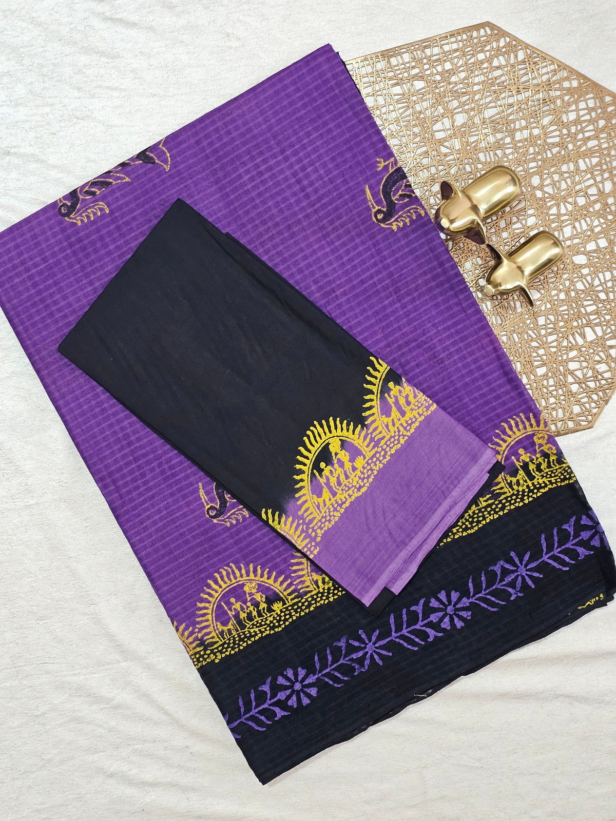 Pure Cotton with Checks Hand Block Prints - Purple with Black