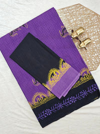 Pure Cotton with Checks Hand Block Prints - Purple with Black