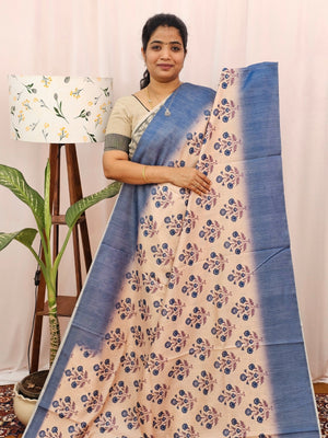 Green Silk with Digital Prints - Cream with Blue