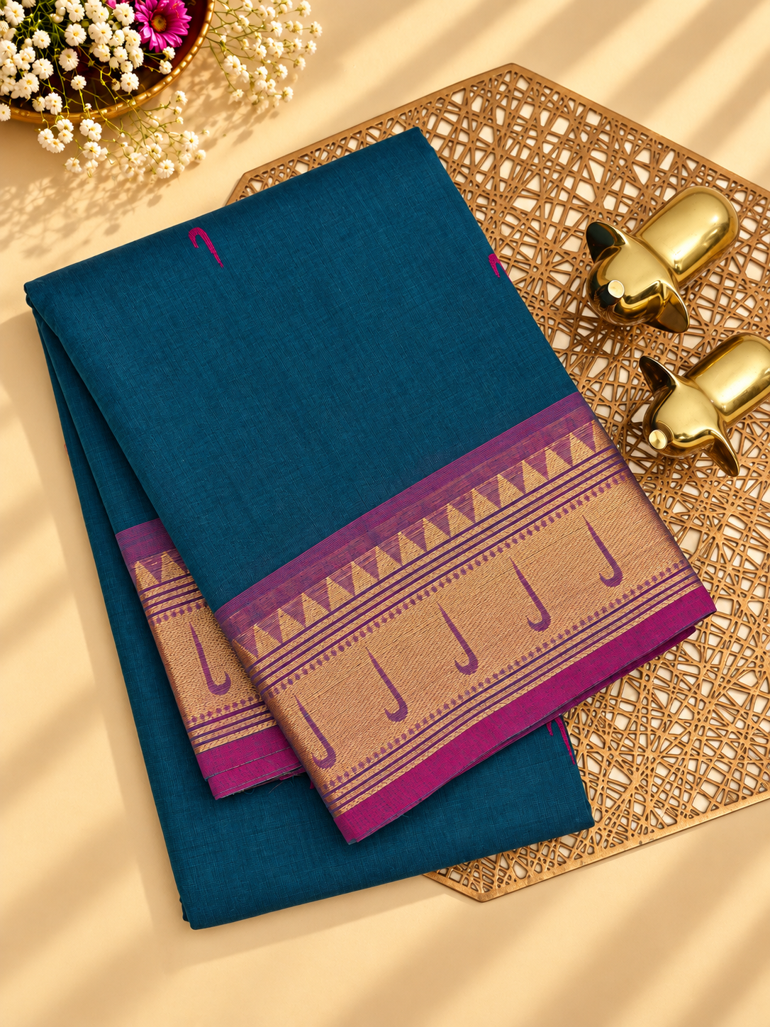 Chettinad Cotton Sarees - Peacock Blue with Pink