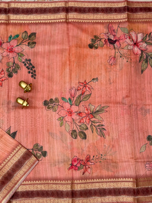 Unique Semi Tussar with Zari Border and Digital Prints - Peach