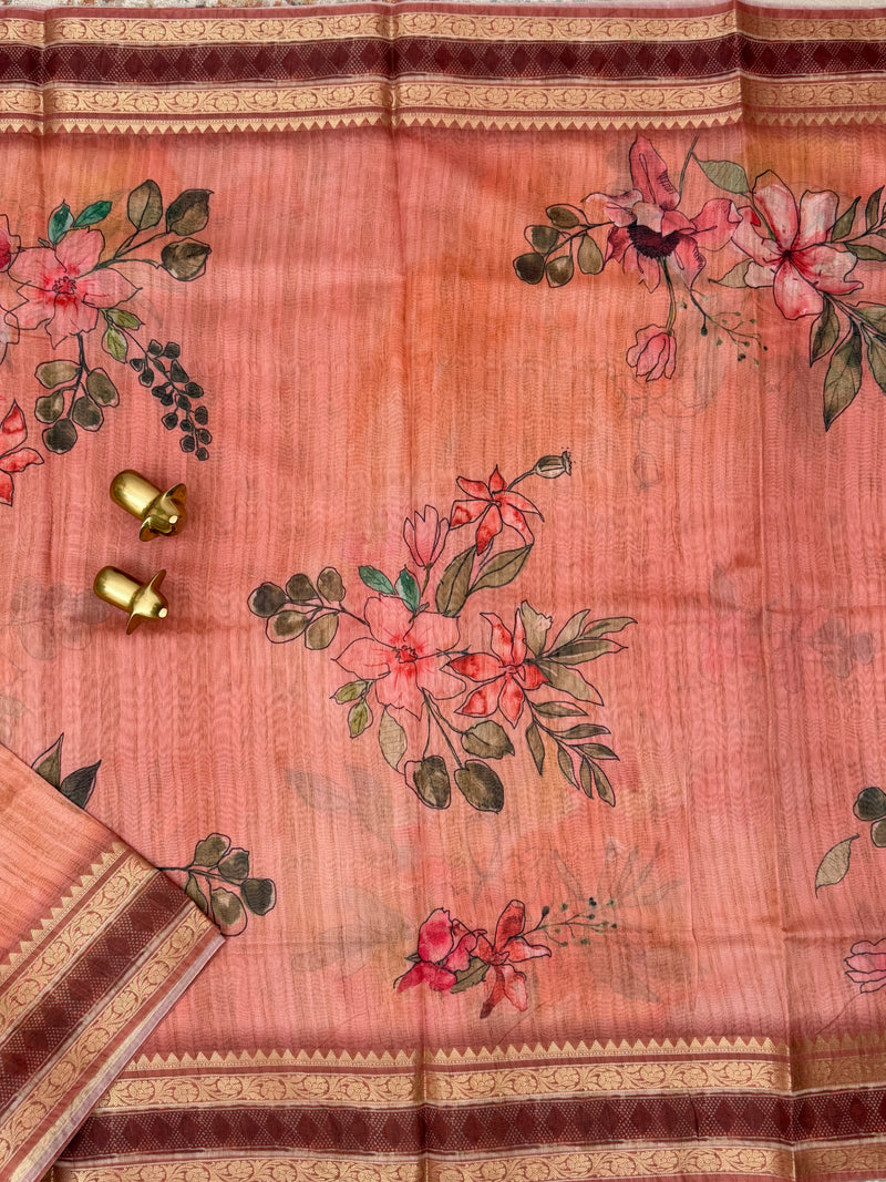 Unique Semi Tussar with Zari Border and Digital Prints - Peach