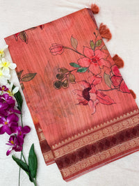 Unique Semi Tussar with Zari Border and Digital Prints - Peach
