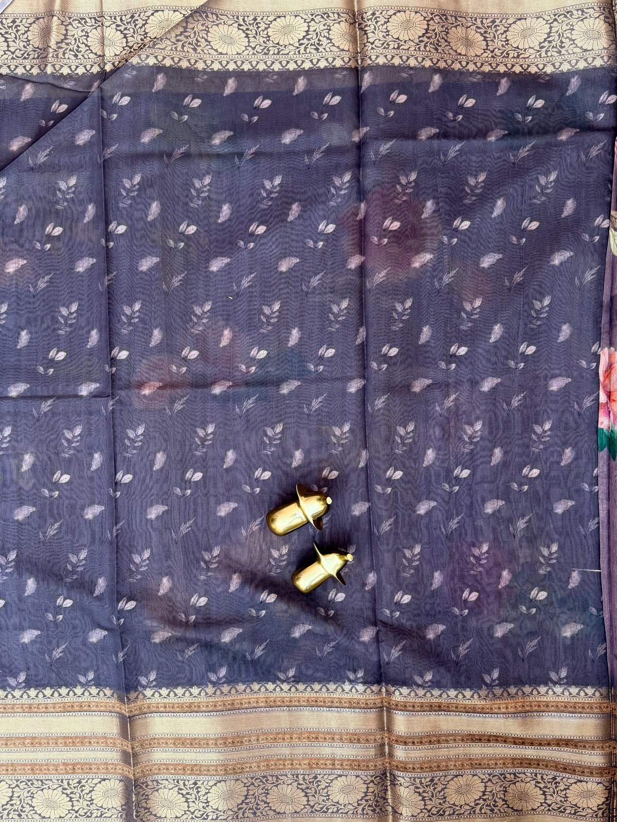 Unique Semi Tussar with Zari Border and Digital Prints - Dark Purple