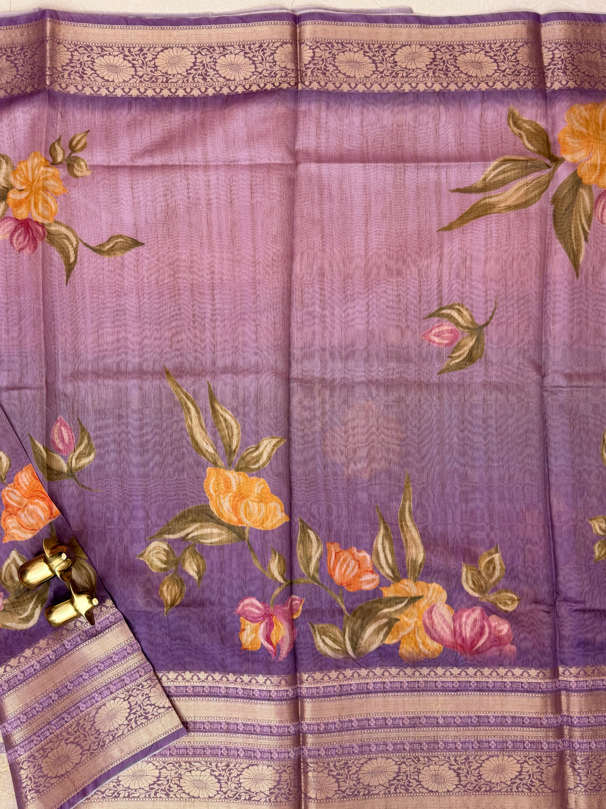 Unique Semi Tussar with Zari Border and Digital Prints - Purple