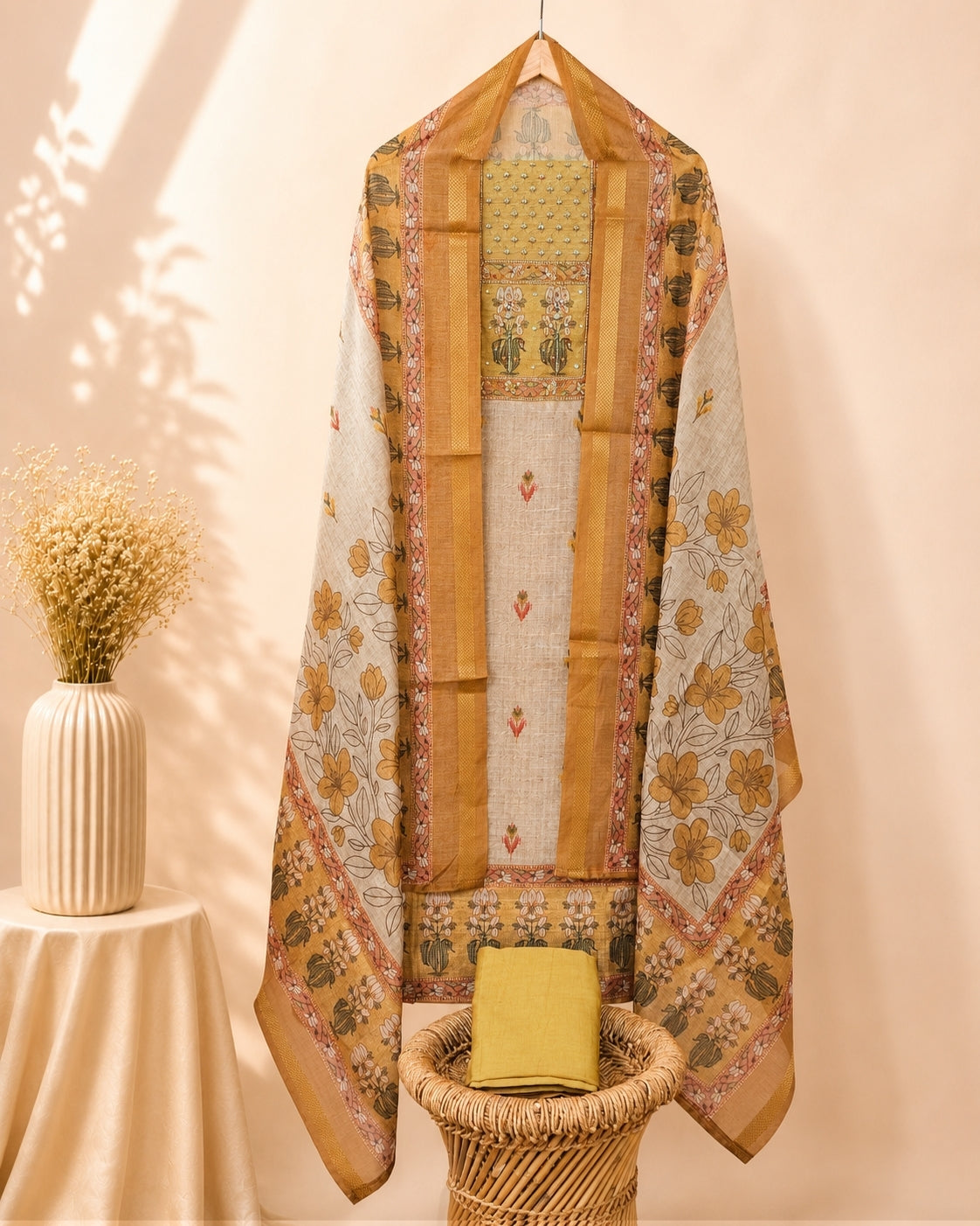 Matka Tussar Unstitched Salwar Suit  - Cream with Yellow