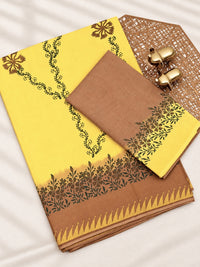 Pure Cotton with Hand Block Prints - Yellow with Brown
