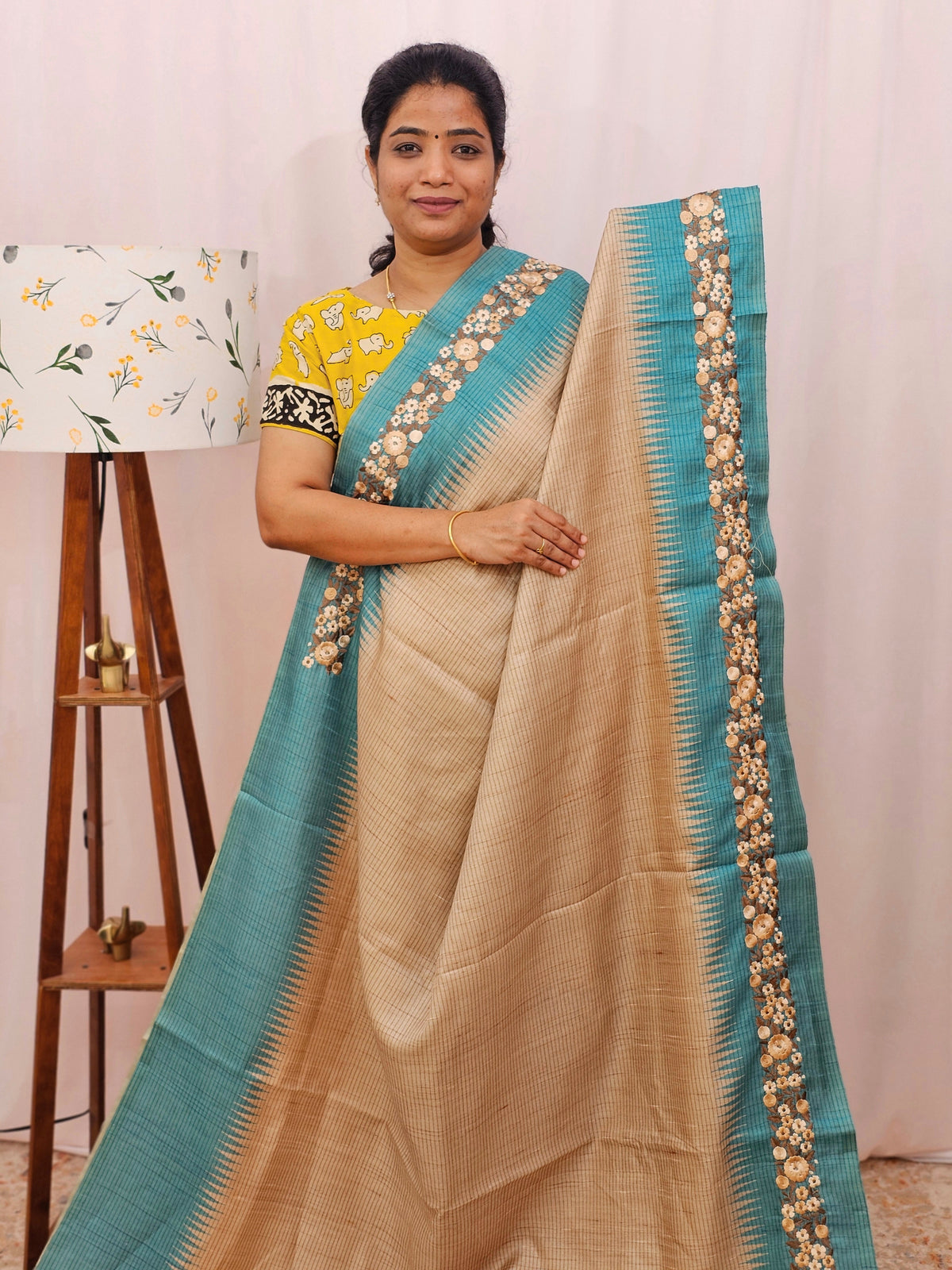Premium Semi Tussar with  Heavy Floral Emboridery Saree - Blue
