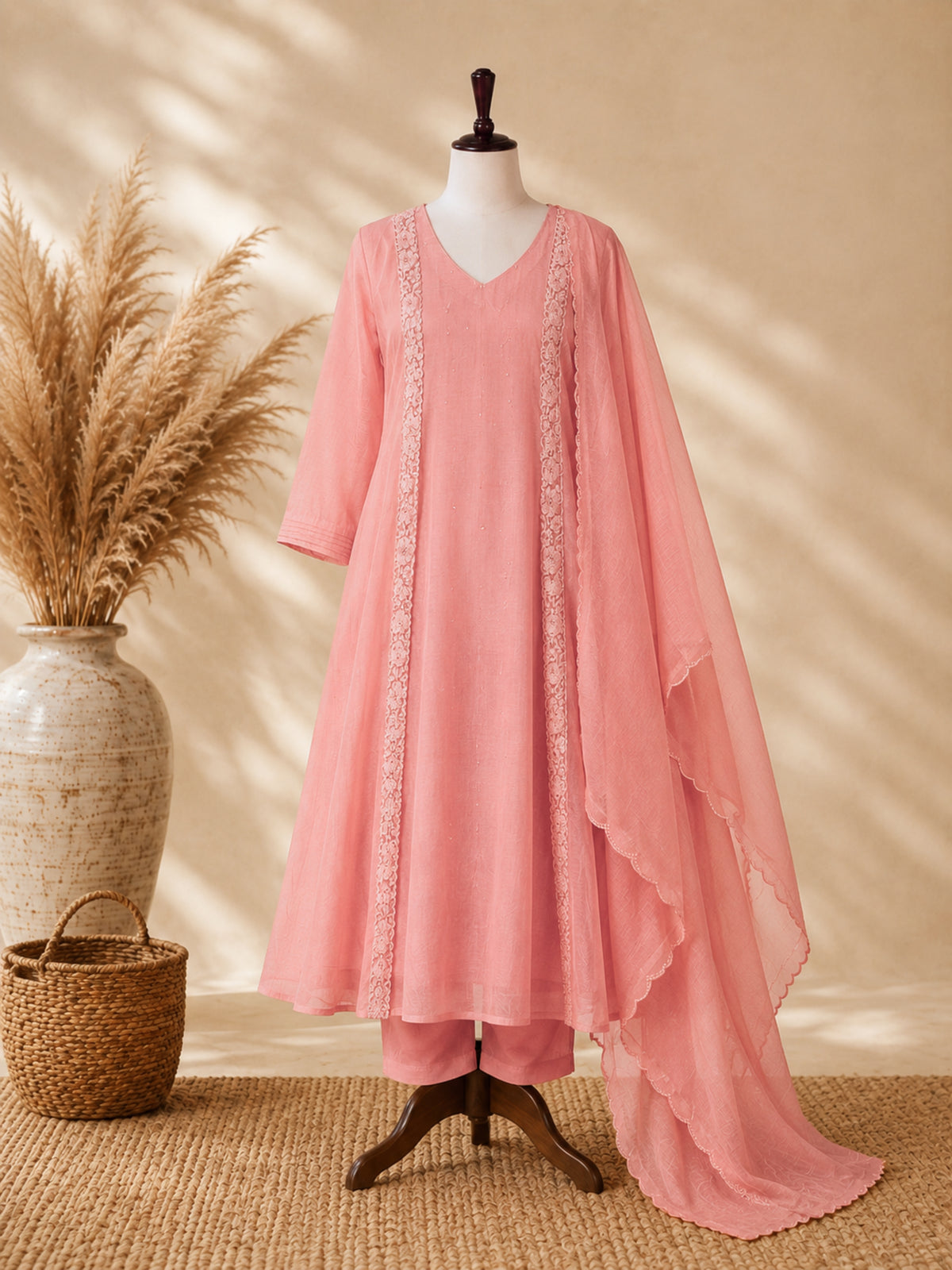 Mul Chanderi 3 pcs Salwar Suit - Peach