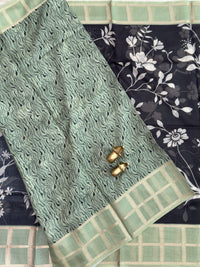 Premium Soft Semi Tussar Kota Weaving with Digital Prints - Black with Green