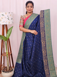 Jute Banarasi Silk Saree - Blue with Sea Green