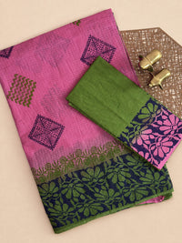 Pure Cotton with Checks Hand Block Prints - Pink with Green