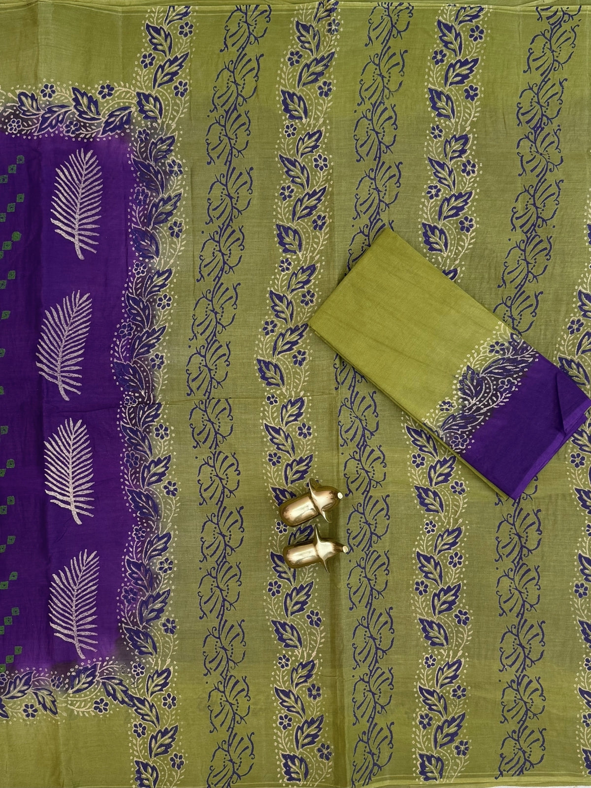 Pure Cotton with Hand Block Prints - Purple with Green