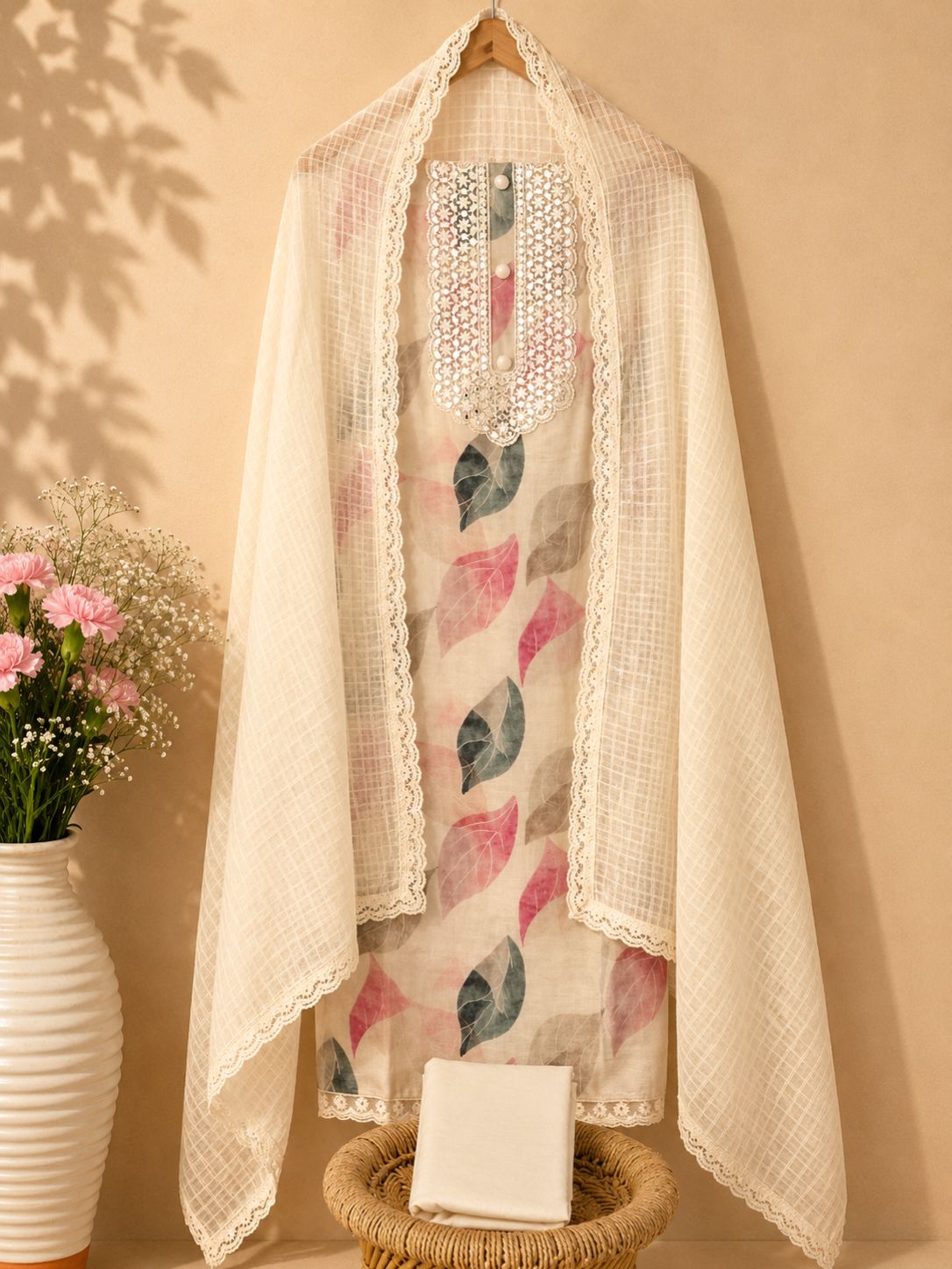 Pure Cotton Unstitched Salwar - Cream with Multi Colour Prints