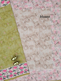 Linen Cotton with Emboridery Digital Printed Sarees - Mehndi Green