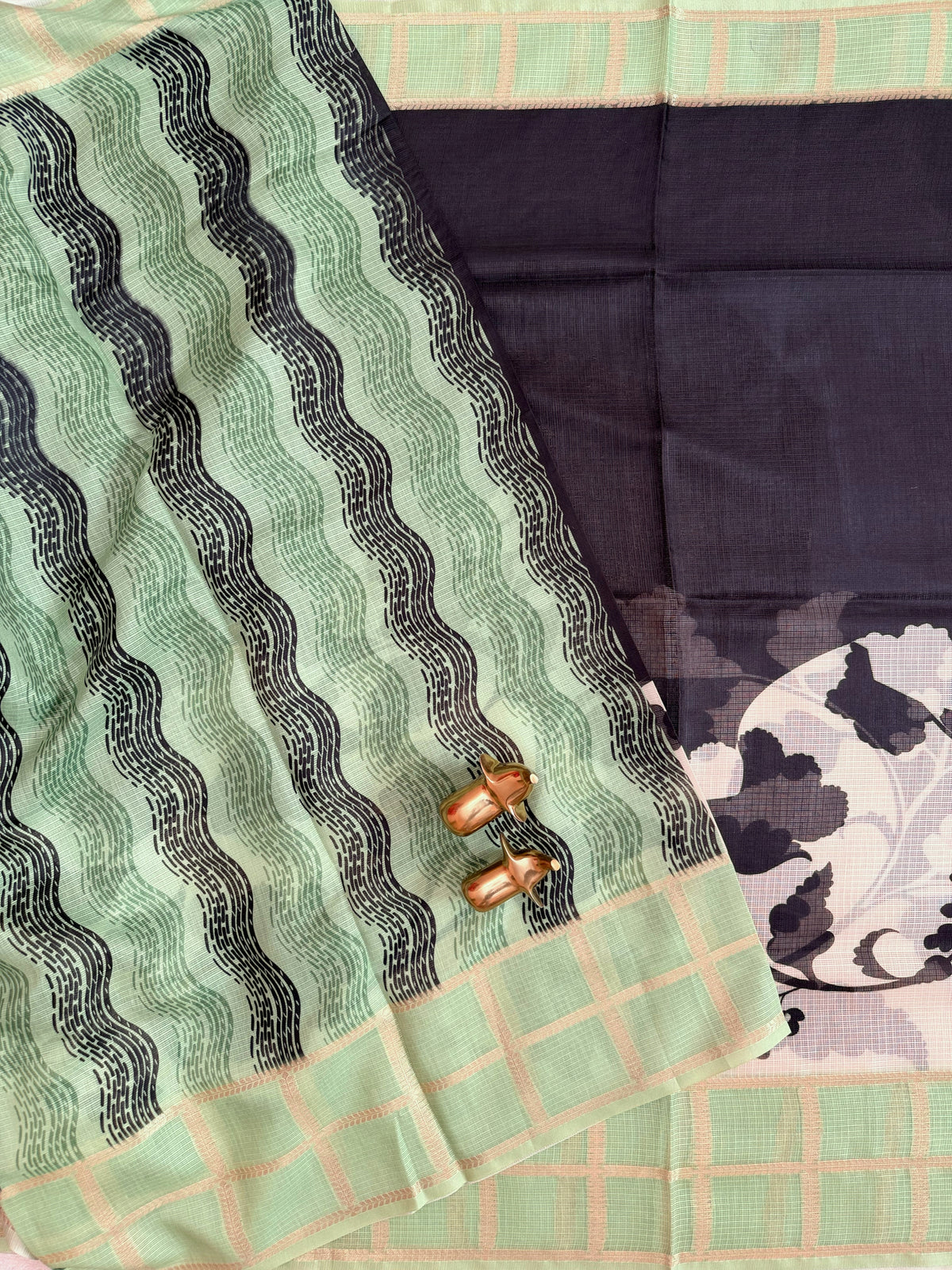 Premium Soft Semi Tussar Kota Weaving with Digital Prints - Cream with Green