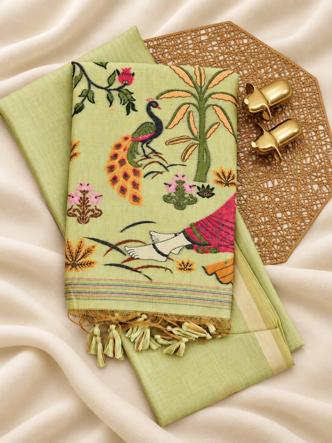 Soft Cotton with Weaving Floral Pattern  - Green