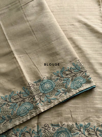 Premium Semi Tussar Zari Woven with Beautiful Emboridery Saree - Cream with Blue