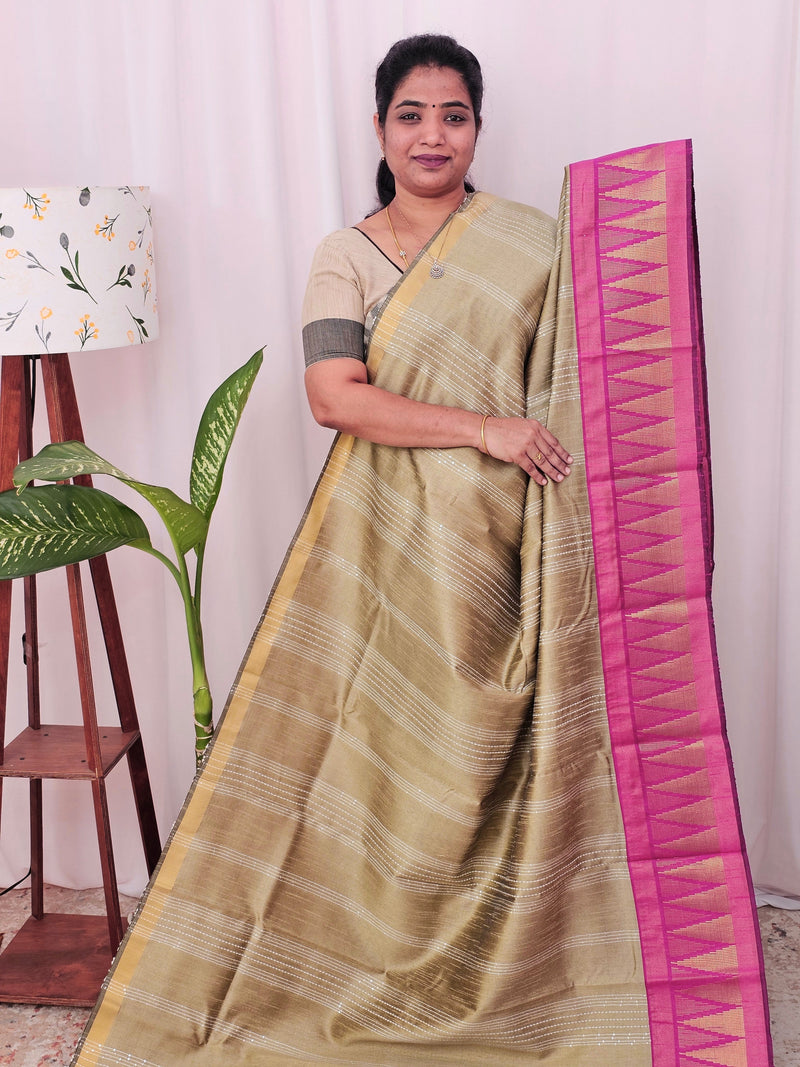 Semi Raw Silk Saree - Beige with Pink