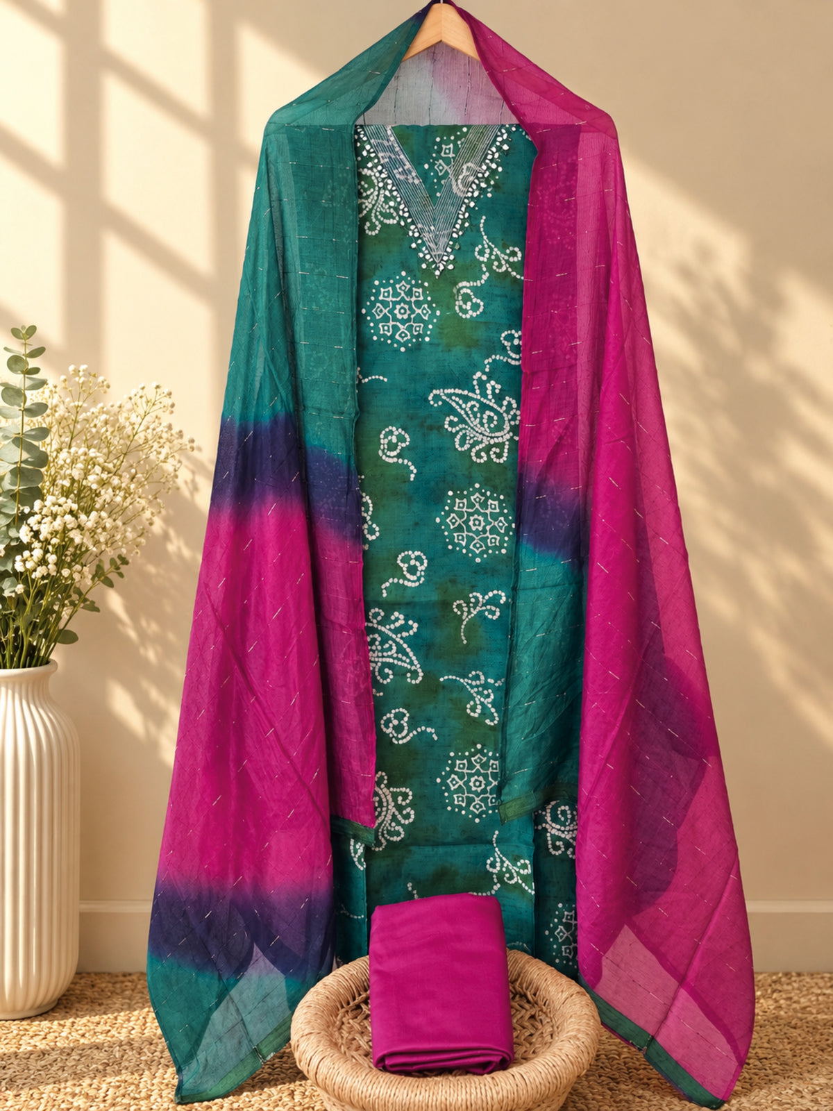 Soft Silk Unstitched Salwar Set – Green with Magenta Pink