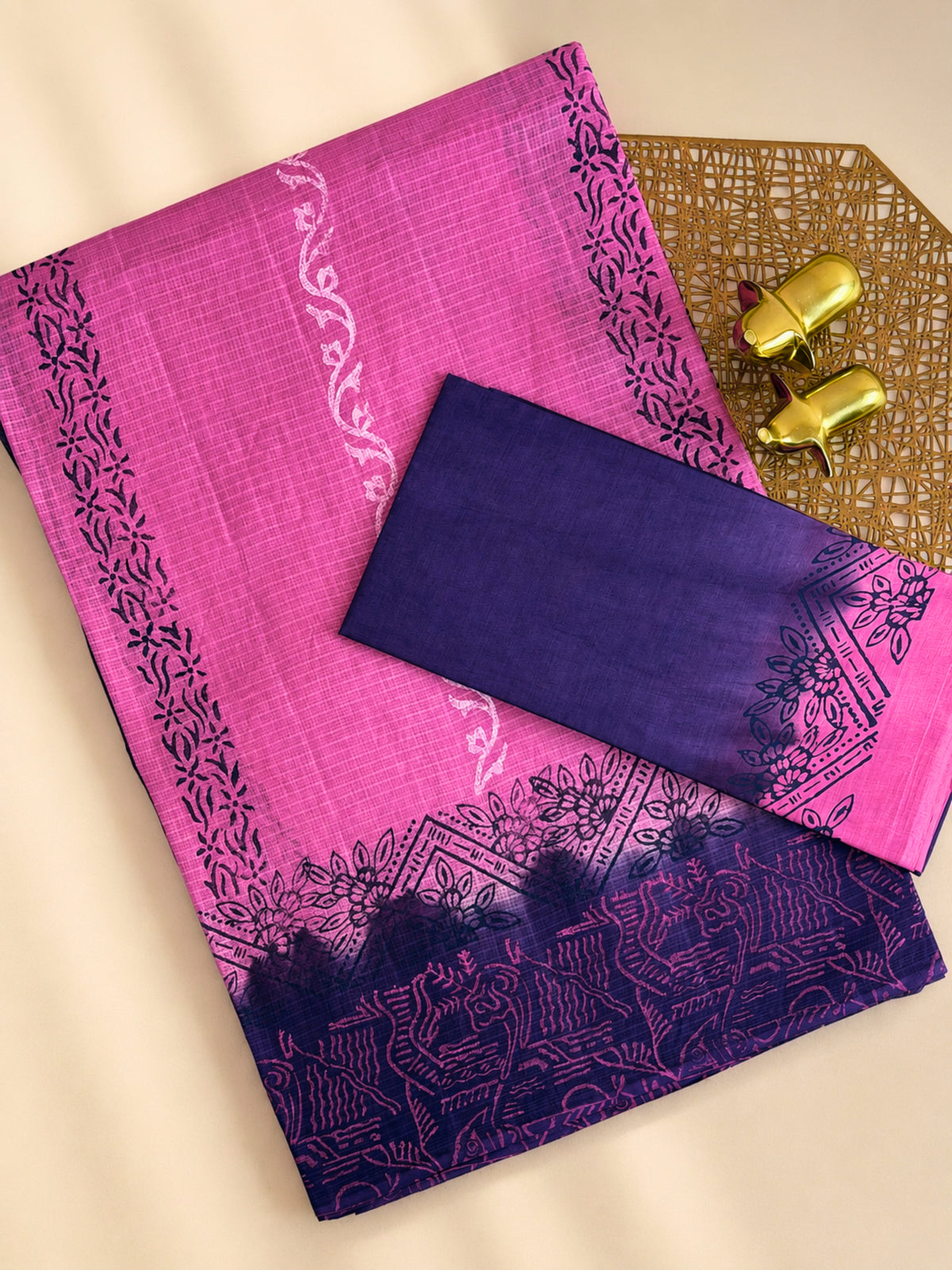 Pure Cotton with Checks Hand Block Prints - Pink with Purple