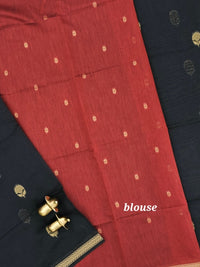 Semi Maheswari Silk Cotton Saree - Black with Maroon