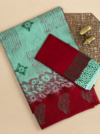 Pure Cotton with Checks Hand Block Prints - Pastel Sea Green with Red