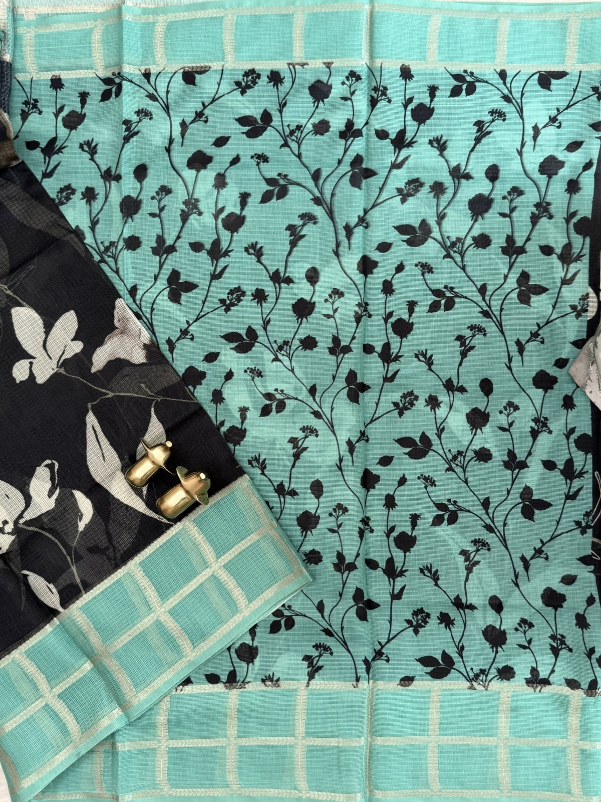 Premium Soft Semi Tussar Kota Weaving with Digital Prints - Black with Sea Green