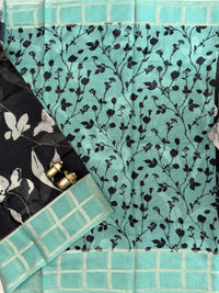 Premium Soft Semi Tussar Kota Weaving with Digital Prints - Black with Sea Green