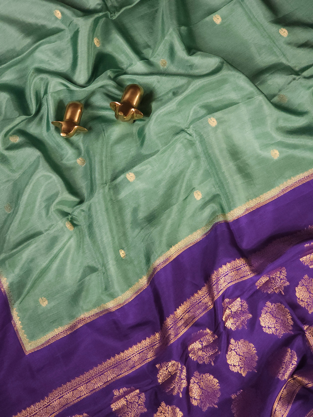 Semi Mysore Crepe Silk Saree - Sea Green with Purple