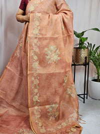 Linen Tissue with Aari Work - Rust Orange