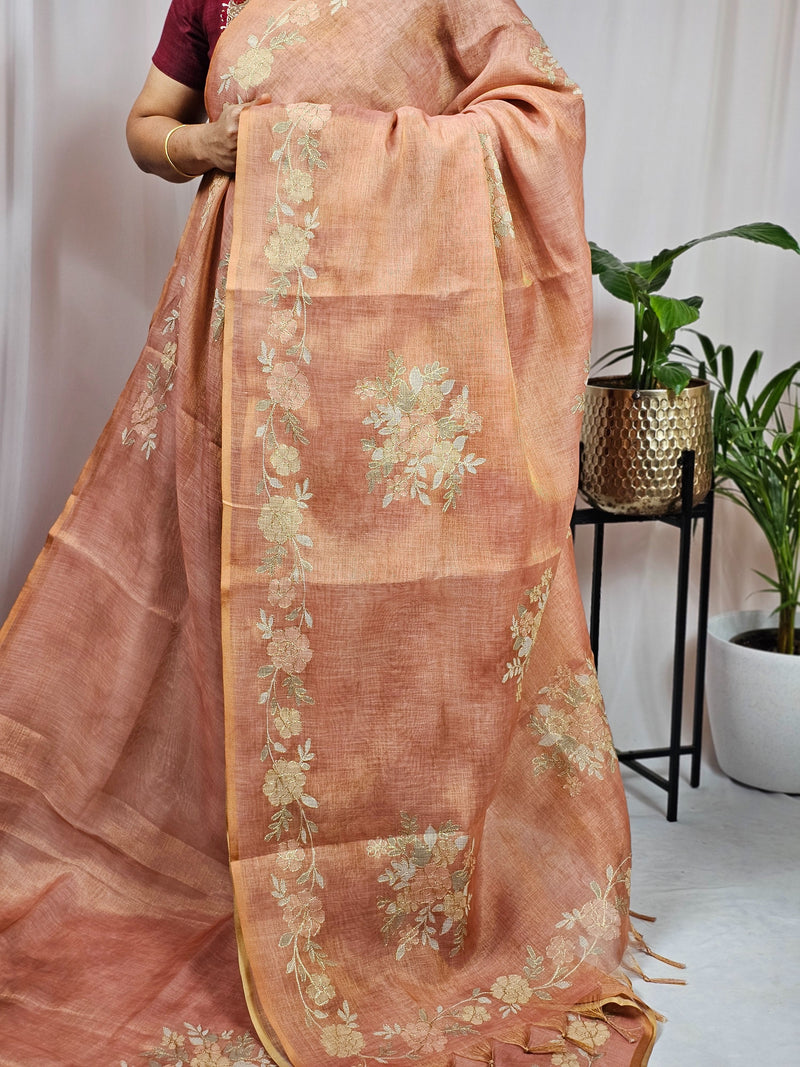Linen Tissue with Aari Work - Rust Orange