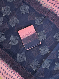 Pure Cotton with Hand Block Prints - Blue with Light Pink